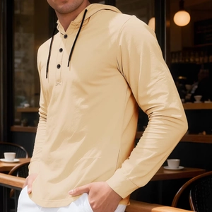 Men's casual long sleeve hooded Henley shirt in light yellow cotton fabric for summer