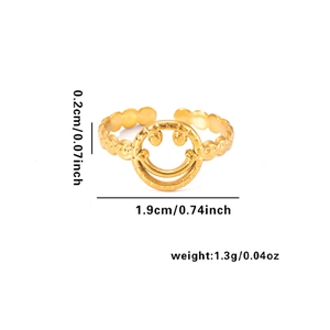 Detailed view of gold smiley face ring with size dimensions and technical specs