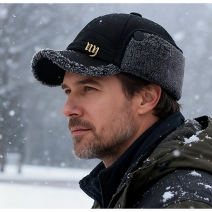 Detailed view of winter baseball cap with gray faux fur lining and fold-down ear flaps