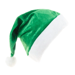 Detail of a green felt Christmas hat with white plush brim and pompom on white background