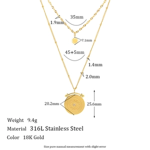 Collier double rang en acier inoxydable plaqué or 18K avec pendentifs soleil et médaille