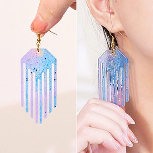 DIY silicone mold for geometric resin earrings with purple blue glitter tassels