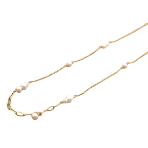 Asymmetric long sweater necklace with freshwater pearls and golden titanium steel chain