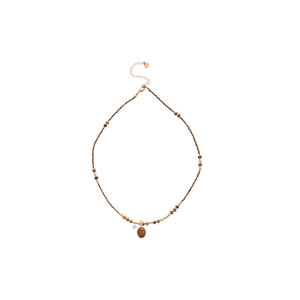 Tiger eye stone bead necklace with gold plating and heart pendant in vintage style