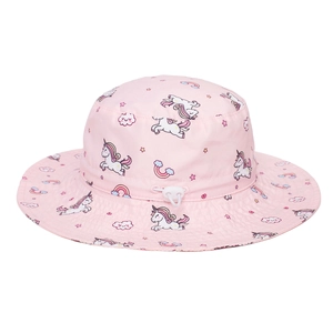 Detail of pink kids sun hat with unicorn prints and adjustable drawstring chin strap