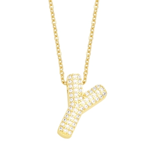 Close-up of golden letter Y pendant with pave-set crystals on a sleek cable chain