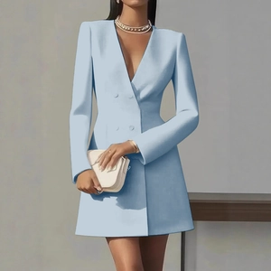Hellblaues langärmliges zweireihiges Blazer-Kleid mit V-Ausschnitt und schmaler Passform