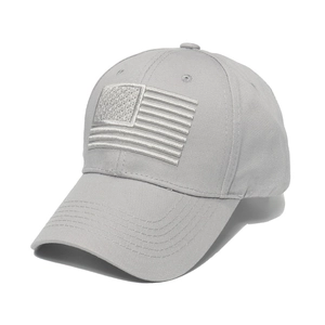 Light gray cotton baseball cap with American flag embroidery shown at a 45-degree angle