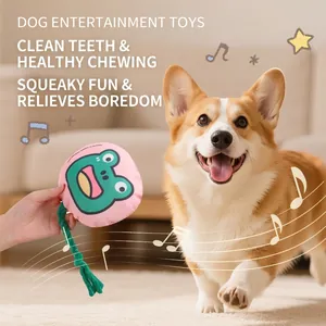 Pink squeaky dog toy with cotton rope for teeth cleaning and entertainment, shown with Corgi