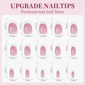 Detailed size chart showing dimensions for 15 different professional French press-on nails