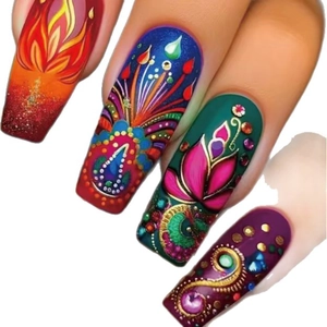 Artistic hand-painted square press-on nails with colorful flame and peacock feather patterns