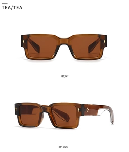 Front and side macro views of tea-colored square thick acetate sunglasses with arrow rivets