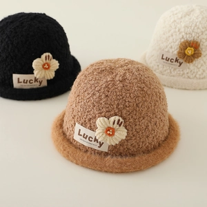 Kinder Fischerhut Fleece Plüsch Warm Winter Mit Blumenpatch Für Mädchen Süßer Stil Weich Winddicht