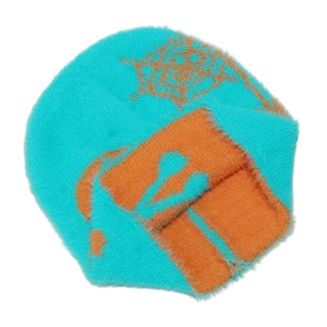 Detailed close-up of blue and orange spider web knit hat with soft fuzzy texture