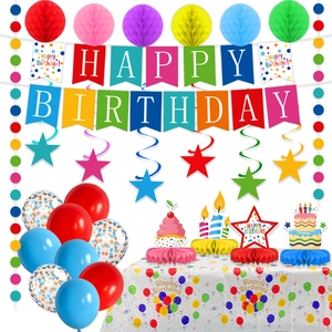 Detail of colorful birthday party set with Happy Birthday banner and festive balloons