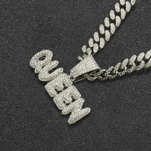 Silver iced-out QUEEN pendant necklace with full micro-pave crystals on Cuban chain link