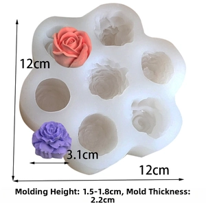 6-cavity rose flower silicone mold showing detailed dimensions and 3D floral textures