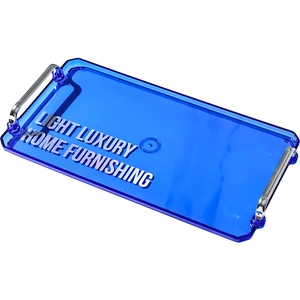 Blue rectangular acrylic tray with metal handles and luxury home furnishing text
