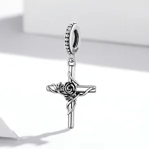 S925 sterling silver vintage cross and rose pendant bead charm with retro oxidization