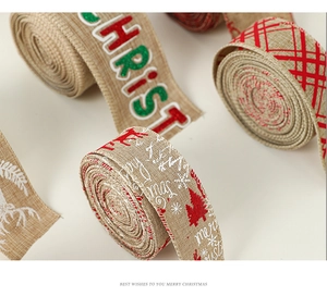 Detail showing assorted faux burlap Christmas ribbons with festive prints and patterns