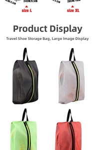 Portable travel shoe storage bags in various colors with zipper and handle detail