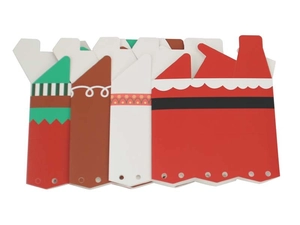 Flat lay of colorful Christmas paper gift boxes featuring Santa and reindeer designs