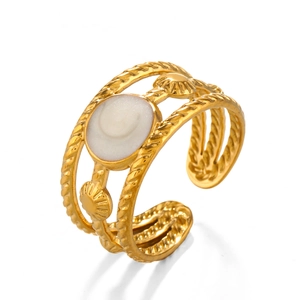 18K gold plated stainless steel twisted rope ring with white circular shell inlay