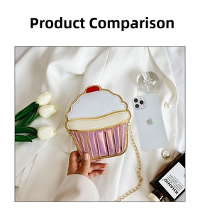 Detail view of a cupcake shaped chain bag next to a smartphone for size comparison