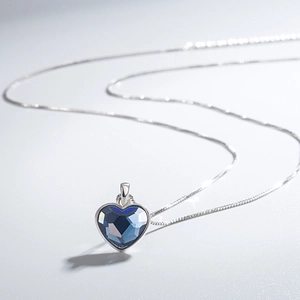 S925 sterling silver Heart of the Ocean necklace with deep blue crystal heart pendant