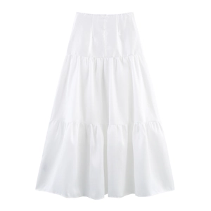 Detail of multi-layered white tiered skirt with delicate pleats and soft fabric texture