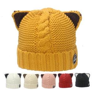 Women Winter Cat Ear Knitted Beanie Hat Warm Cable Knit Acrylic Cuff Skull Cap Thermal Outdoor Cold Weather