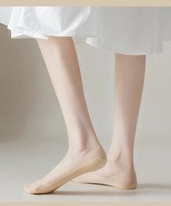 Detail of skin-tone invisible no-show sock with anti-slip silicone heel grip for women