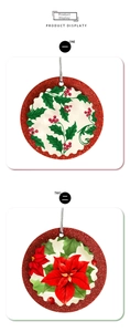 Detail of round Christmas ornaments with holly berry and poinsettia floral patterns