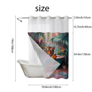 Detailed size chart for polyester tiger shower curtain showing 180cm width and 188cm height