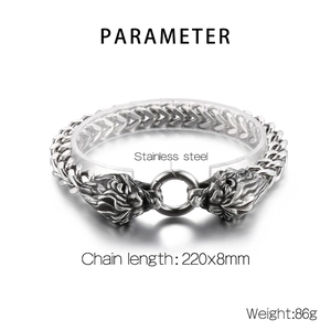 Detail specifications of stainless steel double lion head bracelet with dimensions and weight