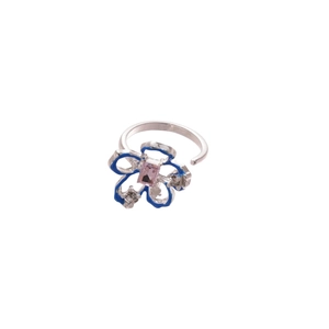 Anello floreale con smalto blu e gemma rosa rettangolare, modello regolabile