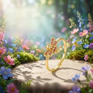 Detail of a 3D bee ring with rose red zircons on wood in a forest setting