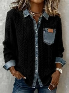 Women's knit patchwork denim jacket featuring long sleeves and turn-down collar
