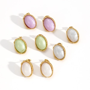 Vintage oval stainless steel stud earrings in four pearlescent colors with gold metal edge