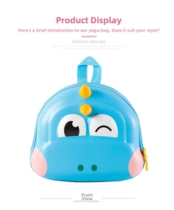 Front detail of dinosaur hard shell kids backpack with 3D horns and waterproof texture