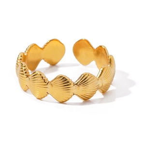 Minimalist 18k gold plated stainless steel ring with shell texture and adjustable band