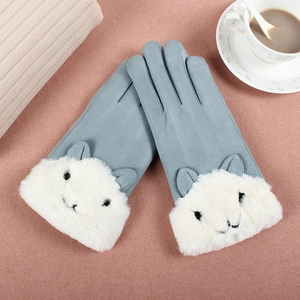 Blue-grey suede gloves for women with cute white plush animal cuffs for autumn and winter
