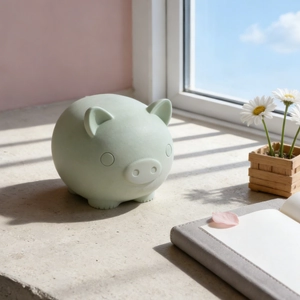 Detailed view of a light green pig resin mold on a sunny windowsill with white flowers