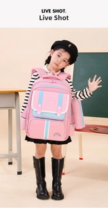 Pink and blue ergonomic school bag set with matching pencil case worn by a girl