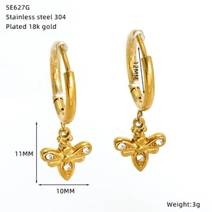 Detailed specs for 18k gold plated stainless steel bee earrings with clear dimensions