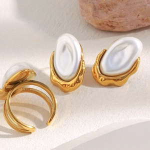 Baroque faux pearl jewelry set with 18K gold plated earrings and open ring for women