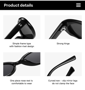 Detail view of oval sunglasses featuring rivets, reinforced hinges, and integrated nose pads
