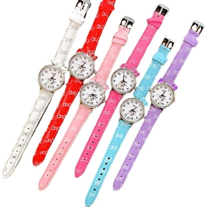 Cartoon kitten quartz watch for girls with leather strap in six assorted candy colors