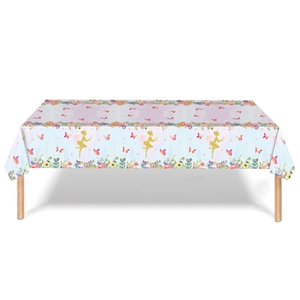 Ballerina party tablecloth featuring pink flowers, butterflies and golden fairies