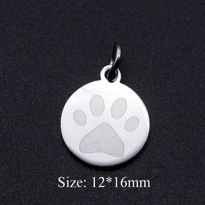 Polished stainless steel round pendant with engraved dog paw print design, size 12x16mm